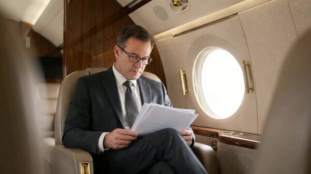 Businessman reads documents while flying on private jet during afternoon flight
