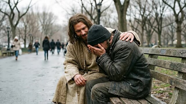Jesus comforting a distressed person on a park bench