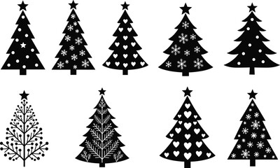 Vector set of various black Christmas tree silhouettes featuring decorative stars snowflakes and heart patterns for holiday greeting cards and winter season festive designs © MdAnisur