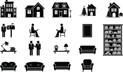 Vector silhouette icon set featuring various residential houses apartment buildings home furniture like sofas and bookshelves and people engaged in daily domestic activities © MdAnisur