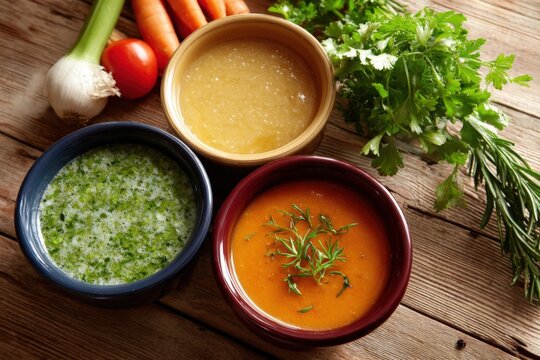 Colorful trio of fresh vegetable soups with herbs on a rustic wooden table