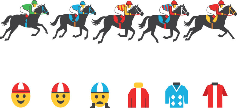 Horse Racing Jockey Icons with Galloping Racehorses Rider Helmets and Uniform Silks Equestrian Sport Flat Vector Illustration Set Police Stop
