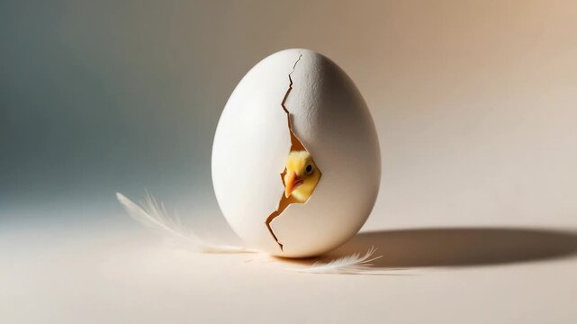 Chick hatching from egg with feathers around in soft light setting