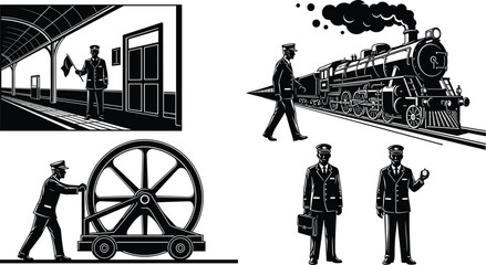 Vintage steam locomotive and railway workers illustration set, retro train station platform scene with conductor, engineer and industrial rail transport silhouettes isolated on white background © MdAnisur