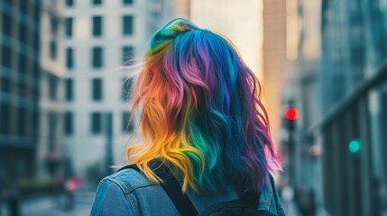 Obraz premium A woman with long, vibrant rainbow-colored hair walks away from the camera in a bustling city environment, showcasing her unique style.