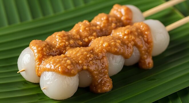 Dang myo dango with peanut sauce on bamboo skewers on a green banana leaf