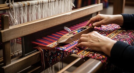 Artisan uses a wooden shuttle to weave colorful threads on a traditional loom, creating detailed textile patterns.