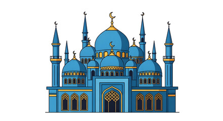Vibrant blue mosque illustration showcasing intricate Islamic architectural design with multiple ornate domes and elegant towering minarets, symbolizing religious heritage and worship