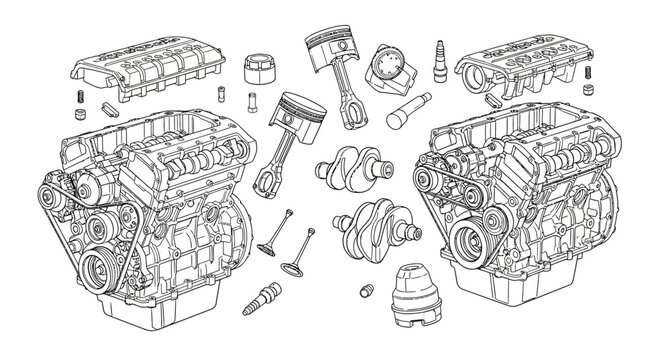 Detailed line art vector illustration of an internal combustion engine, showing disassembled parts and assembled units, technical diagram