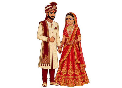 Indian Wedding Bride and Groom Traditional Hindu Marriage Couple in Ethnic Bridal Attire Isolated on Transparent Background