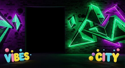 Vibrant neon graffiti frames a central black screen mockup against a dark urban backdrop, featuring colorful text elements reading 'Vibes' and 'City'.