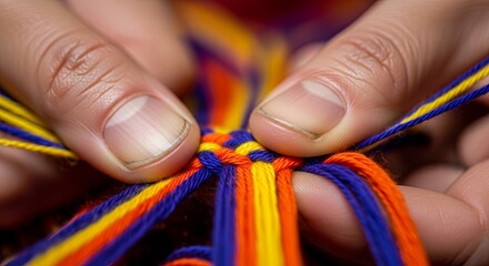 A close-up view captures skilled fingers braiding bright blue, yellow, and orange strands into an intricate, handmade cord or bracelet.