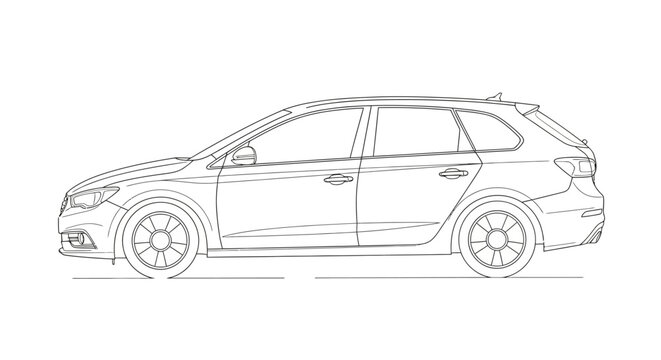 Modern Car Side View Line Art Vector Illustration. Detailed Outline Drawing of a Generic Station Wagon Automobile Profile for Design.