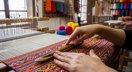 Artisan's hands use a wooden shuttle to weave intricate patterns on a traditional loom in a brightly lit workshop setting.