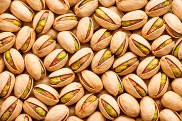 Fototapeta premium Pistachio Nuts in Shells Flat Lay Macro Texture Green Beige Background Design