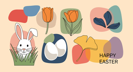 Fototapeta premium A cute Easter bunny with eggs and flowers in a colorful minimalist vector style, perfect for greeting cards and festive decorations