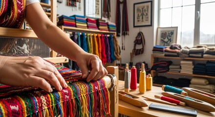 Artisan's hands carefully operate a traditional wooden loom to weave a brightly colored, intricate textile pattern in a sunlit workshop setting.
