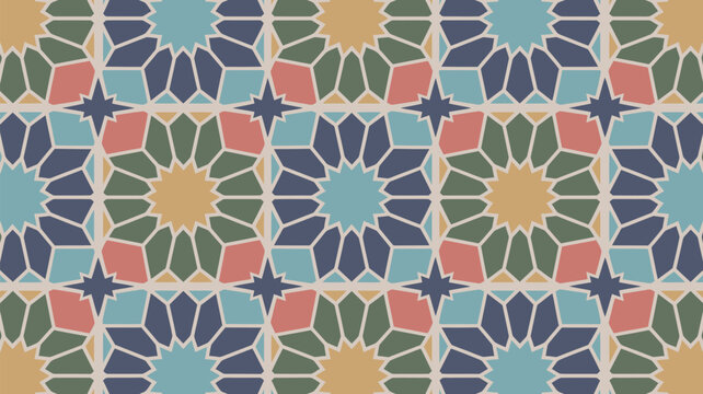 A colorful and intricate seamless geometric Islamic pattern featuring stars and polygons in a traditional mosaic design.