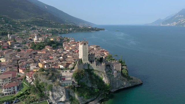Europe Italy Lake Garda Castle of Malcesine Aerial View 4K Drone Cinematic Travel Summer 60fps