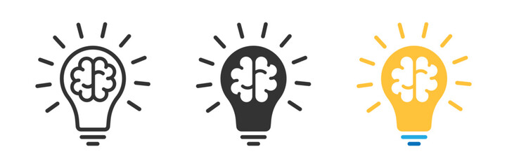 Obraz premium Light bulb with brain icon. Symbol of idea, innovation, creativity, knowledge, and intelligence. Transparent PNG and vector