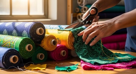 Close-up of a tailor's hands using sharp scissors to precisely cut a patterned piece of fabric next to a large stack of colorful textile bolts.