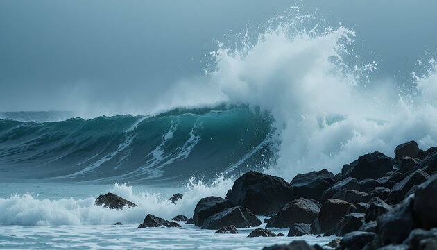 Powerful ocean wave crashing against dark, wet rocks with sea spray