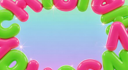 A collection of shiny, molded plastic alphabet characters in bright pink and lime green creates a festive border around a pastel gradient area.