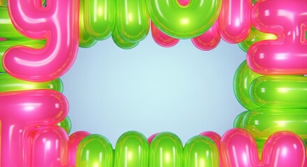Glossy, inflatable pink and green letters form a playful, three-dimensional frame against a soft blue gradient background for an event promotion.