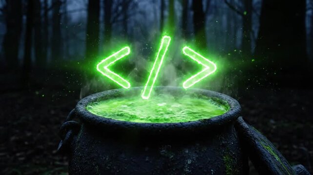 Artificial intelligence symbol illuminated above a bubbling cauldron in forest