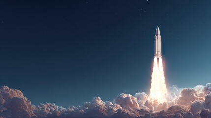 Fototapeta premium Rocket Launch in Night Sky with Dramatic Clouds and Bright Flames Illuminating the Sky, Symbolizing Innovation, Exploration, and the Future of Space Travel