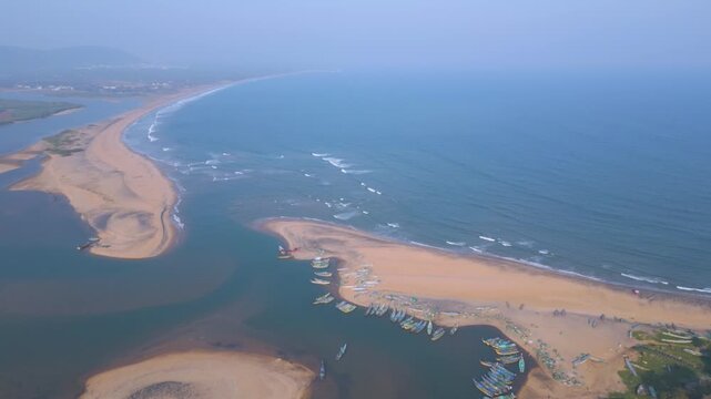 Aerial view of RK Beach, Bheemunipatnam Beach, Natural rock arch, Tenneti Park, MV MAA Ship, Visakhapatnam, India.