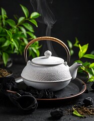White teapot with steam rests on a dark plate surrounded by charcoal and greenery against a dark backdrop