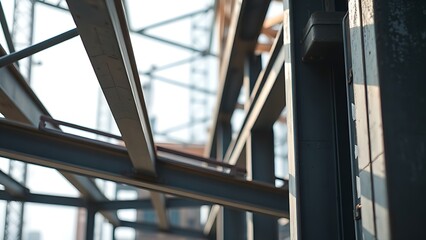Naklejka premium Detailed steel framework in an industrial setting, highlighting structural elements with daylight. safety posters.