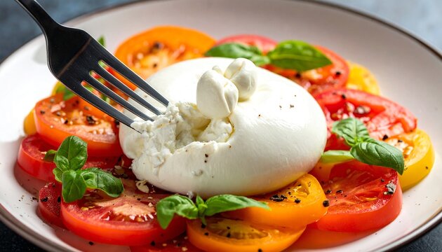Italian Burrata di Andria. Cream explosion - fork splitting fresh burrata pouch, stracciatella oozing onto heirloom tomatoes