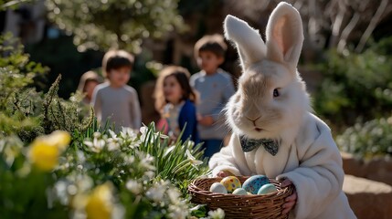 Obraz premium Whimsical easter bunny hiding eggs in a lush garden, surrounded by cheerful children eagerly searching, filling the air with laughter and excitement. Vibrant spring colors and warm sunlight create