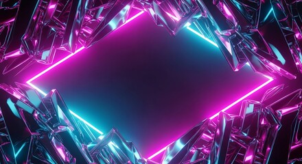 Diamond-like shards surround a central glowing rhombus shape defined by electric magenta and cyan light for a promotional banner.
