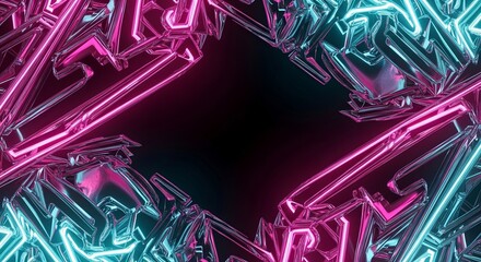 Symmetrical arrangement of chrome structures illuminated by intense neon pink and cyan light forms a dark futuristic border.