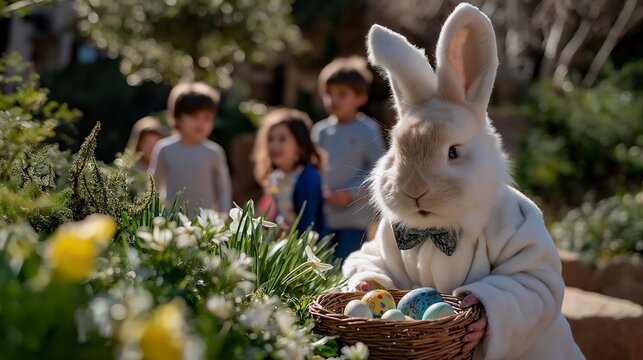 Whimsical easter bunny hiding eggs in a lush garden, surrounded by cheerful children eagerly searching, filling the air with laughter and excitement. Vibrant spring colors and warm sunlight create