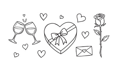 Valentine&rsquo;s Day Love Icons Set Outline with Heart Gift Rose and Wine Glasses