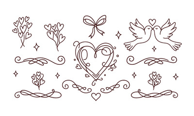 Romantic Line Art Elements Set with Hearts, Doves, Ribbon Bow and Decorative Swirls Illustration