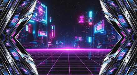 Vibrant futuristic city street at night, framed by metallic geometric structures, features a glowing grid road extending into the distance and buildings adorned with numerous colorful neon signs.