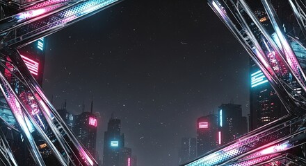 Futuristic cityscape viewed through a complex metallic geometric frame, showcasing distant buildings illuminated by vibrant neon lights under a dark, star-speckled sky, evoking a cyberpunk aesthetic.