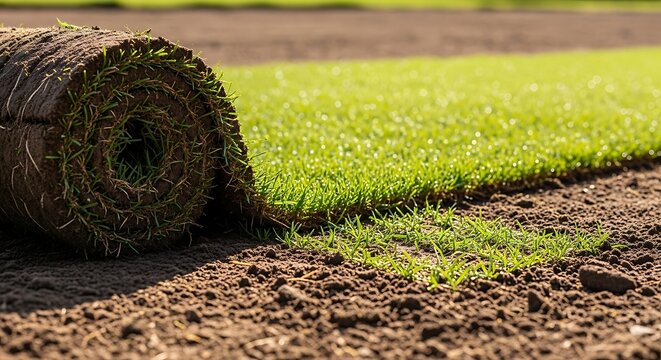 Freshly rolled turf roll on soil in a garden close up shot selective focus