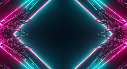 Symmetrical glowing neon frames in cyan and magenta define a dark central void perfect for abstract digital background design.