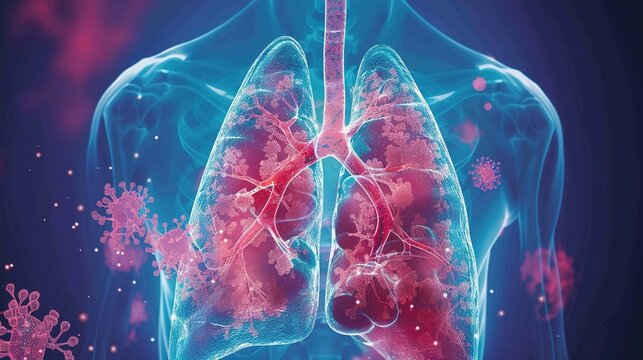 Medical illustration of cystic fibrosis, a genetic inherited disorder affecting the respiratory and digestive systems, characterized by thick mucus production in lungs, pancreas, and other organs