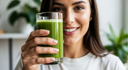Smiling woman holding green juice symbolizing healthy lifestyle and detox