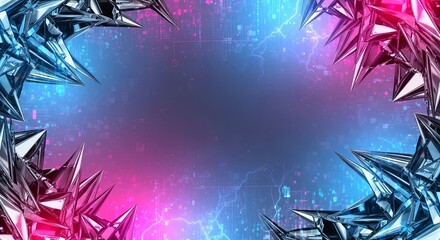 Abstract Futuristic Frame: A dynamic, neon-lit frame composed of sharp, crystalline structures, encapsulating a central area of ethereal light and color.