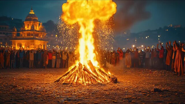 A vibrant Hindu community gathers for the sacred Holika Dahan ritual, celebrating an ancient tradition and the triumph of good over evil with a huge ceremonial bonfire at night
