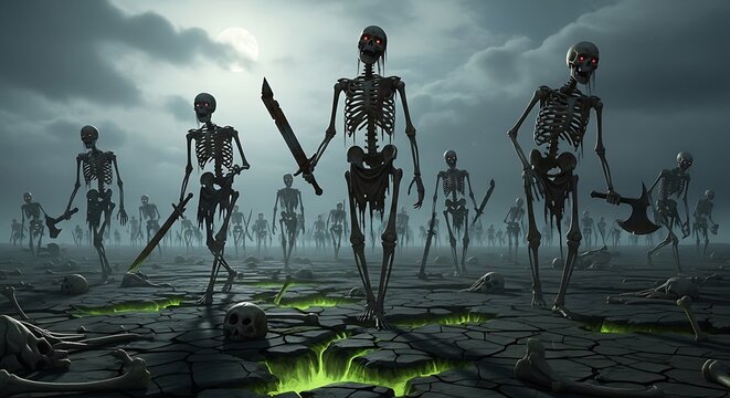 Skeletal warriors with weapons in a foreboding landscape under a stormy sky