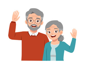 Fototapeta premium Happy senior couple smiling and waving a friendly hello gesture in a cheerful welcoming scene